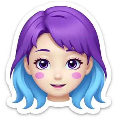 
de color azul claro brillante con manchas orgánicas en tonos morado y violeta.El rostro es expresivo y kawaii, con ojos grandes y brillantes, cejas pequeñas y una sonrisa abierta con lengua rosada. Estilo moderno, limpio y tierno, ideal como emoji, sticker o mascota digital.
 sticker