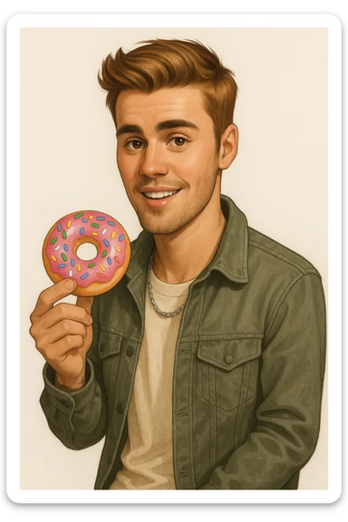 realistic cartoon style illustration of Justin Bieber holding a donut sticker