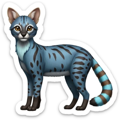 Splash-patterned Realistic edgy bluish greyish blackish whitish silvery coppery Shiny Colorful Dusky Dark Gloomy Glossy Genet-Caracal-Lion-Bobcat-fusion-animal-hybrid-creature, full body, tufted ears, long thin tufted tail sticker