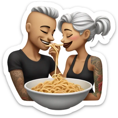 Romantic date for beautiful tattooed couple lady and tramping a noodle sticker