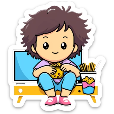 lazy girl with messy hair, TV and snacks, relaxed pose sticker