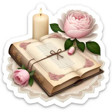 A beautifully aged book of poetry, open beside a softly glowing candle, with scattered blush pink rose petals and white peony blossoms decorating the vintage lace-covered surface.
 sticker