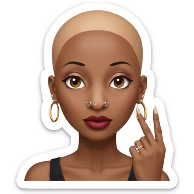 Grown black (proud) woman, bald with a perfect head, a prominent nose with a septum piercing, many piercings on her ears, a gap between her front teeth and very long nails (cynthia erivo) a proud lesbian, with long lashes and her finger tapping the top of her head sticker