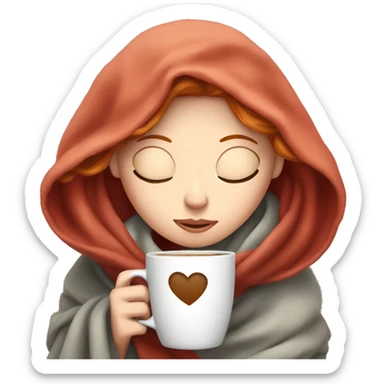 white girl with red hair inside a blanket sipping coffee eyes closed sticker