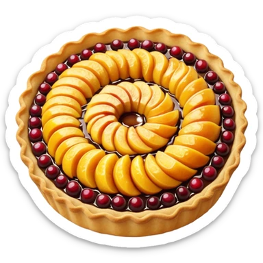 whole tart baked with golden crimped crust and glossy caramelized fruit filling, soft texture, bubbling or fruit swirl, no plate or garnish, soft lighting, emoji scale sticker