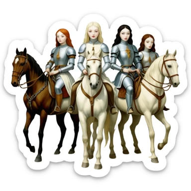 aesthetic brilliant radiant divine lighting, oil paint - ivory Four thin women as horsemen of the Apocalypse, after a graphic by Albrecht Dürer in a desolate landscape sticker