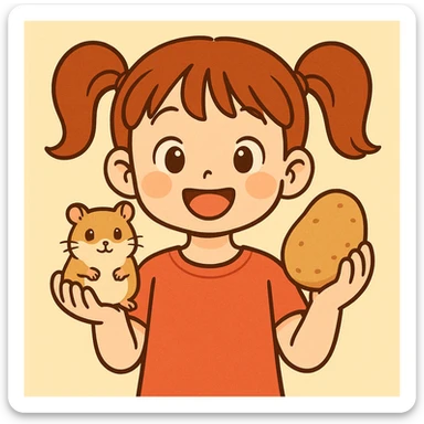 A girl with two ponytails holding a hamster and a potato, cheerful expression, simple background sticker