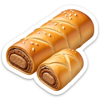cinematic-realistic-sausage-roll-dish-emoji,-depicted-with-a-crisp,-golden-pastry-wrapped-around-flavorful-sausage,-rendered-with-detailed-textures-wrapped ina. plastic wrapper unrapped - and-appetizing-lighting sticker