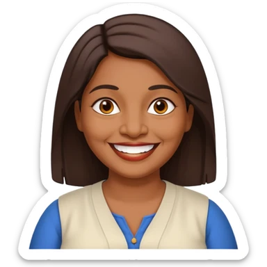 50 yr old chubby Sri Lankan woman, dark skin, straight brown hair, big smile, white teeth, european clothes, shoulder length hair sticker