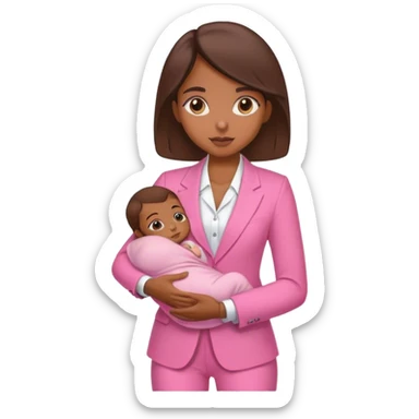 Brune girl pink suit with baby sticker