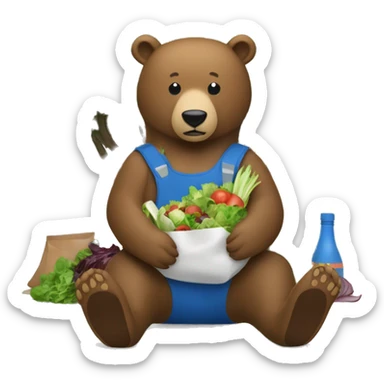 Brown bear sitting against a tree very full with a salad bag next to him and a blue bowl on his belly  sticker