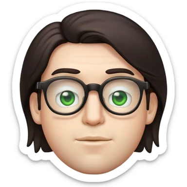 young male emoji with wide face, fuller lips, very poofy voluminous dark straight hair (not curly), big ears, pale skin, glasses, green eyes set wider apart, very light stubble sticker