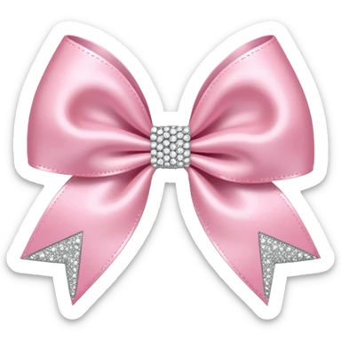 Cutesy pink bow emoji. Shiny baby pink satin ribbon. It's silver glitter sparkles on it. Shiny with rhinestones and shadowed to look three-dimensional sticker