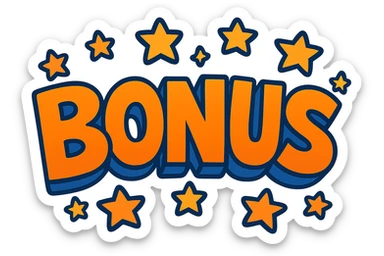 the word BONUS in large letters, all the same vibrant color, surrounded by stars, no background or sign behind, just the letters and stars, vibrant cartoon style sticker