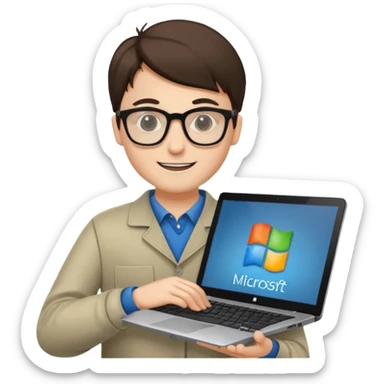 a programmer happy with a microsoft laptop sticker