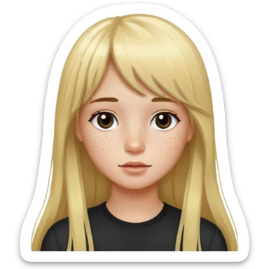 A girl with fair skin, long blond hair, long bangs, freckles and black eyes sticker