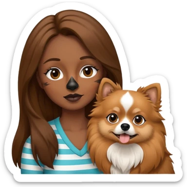 Create an emoji-style illustration of a woman with long brown hair holding one Pomeranian dog. The dog has a black face with a white stripe running down the middle of its nose and mouth. sticker