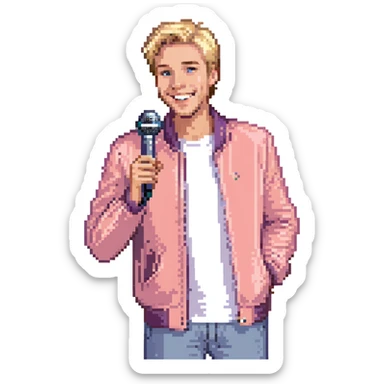 Pixel art style, expressive male performer, Caucasian features, short sandy blonde hair, lively eyes, wide cheerful smile, wearing a coral violet jacket over white tee, tossing a microphone in one hand, waist-up, front-facing sticker