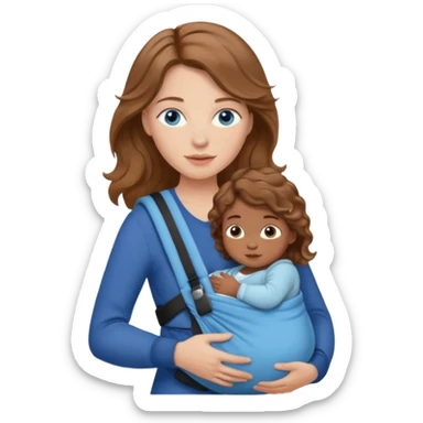 Caucasians light brown wavy haired woman with brown skinned bay in carrier. Mom has blue eyes and just one baby sticker