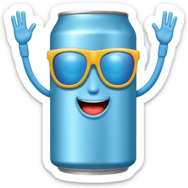 A soda can with a light blue color, with legs, arms, and a face. It can be seen wearing sunglasses sticker