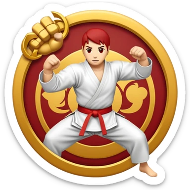 An emblem-style emoji symbolizing striking martial arts. The design features a stylized fighter in a dynamic stance, delivering a powerful punch, surrounded by a circular border with traditional elements like fists and combat symbols. Bold, clean lines with contrasting colors. sticker