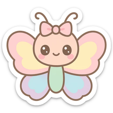 kawaii butterfly with a bow on its head, pastel rainbow wings, sweet and friendly expression sticker