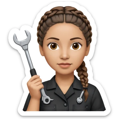 A 40-year-old Latina woman with light brown skin, working as a car mechanic, wearing all black mechanic scrubs, with two braids pulled back from her head sticker