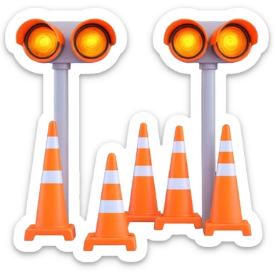 3D style road work signal lights, glossy finish, construction site with orange cones nearby sticker