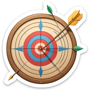 A bow with an arrow drawn back, aimed at a target with concentric rings. The background suggests a calm, outdoor archery range, emphasizing the precision, focus, and skill required in archery as a competitive sport. sticker