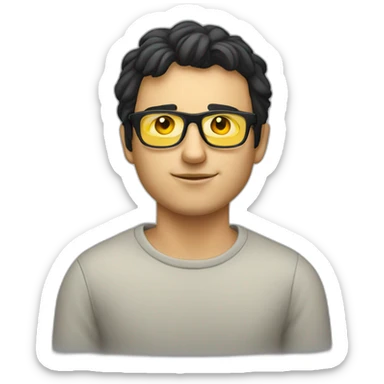 White man with yellow tinted glasses and black hair in a jumper sitting on a chair sticker