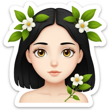 A fair-skinned girl with black hair, healthy and full of “flowering” vibes. Her eyes are wide and hazel-colored. sticker