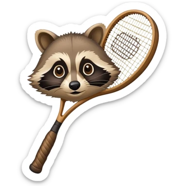 tennis racket with a raccoon hand on the handle sticker