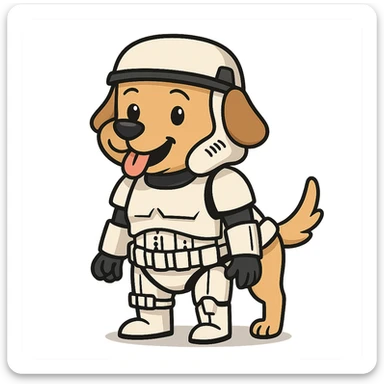 dog dressed as a Star Wars stormtrooper, full costume, cute and playful, cartoon style sticker