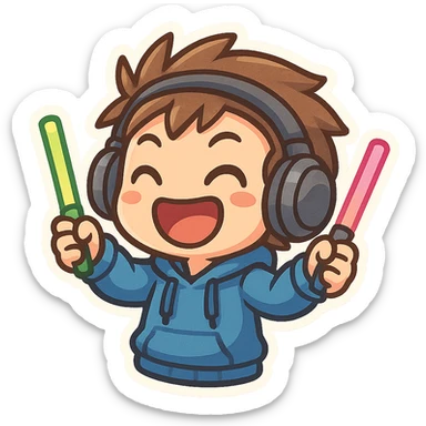 cartoon rave DJ with headphones glowsticks big smile capturing happy hardcore vibe sticker