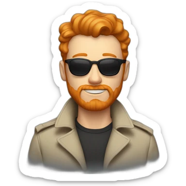 Ginger guy with a chin goatee, sunglasses, trench coat and aalien shirt sticker