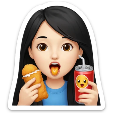 girl with long black hair eating with mouth on the chicken nugget and holding a soda can sticker