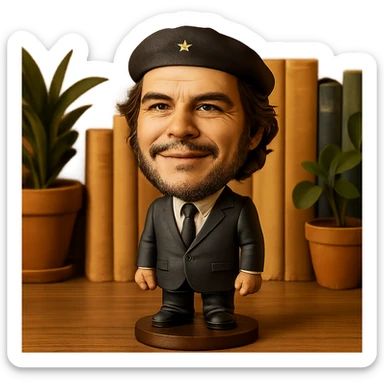 statuette of Che Guevara in a suit and tie, big head, confident smile sticker