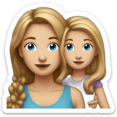 mom and daughter both have blue eyes, mom has brown hair, daughter hasblond sticker