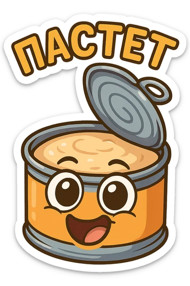 Funny chibi open pâté tin can, lid flipped open, creamy pâté visible, goofy smiling face, exaggerated big eyes, playful cartoon emoji style, thick outline, bright colors, Twitch chat emote, text "ПАСТЕТ" in Cyrillic abovee sticker