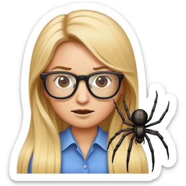 Classic emoji with long blonde hair and glasses killing a spider sticker