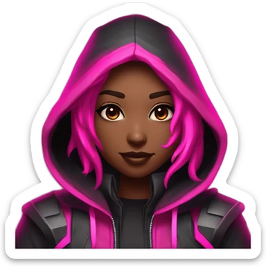 Girl white developer behind his laptop with this style : Riot Games Valorant black pink glowing bright pink sparks character pink black hooded assassin themed character sticker