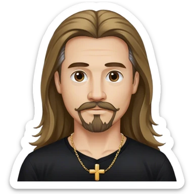 Long hair guy, goatee and mustache with a cross neckless and a black tshirt sticker