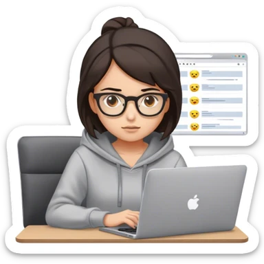 girl developer wearing glasses, medium dark hair, brown eyes coding in her laptop sticker