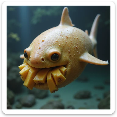 a lifelike hybrid of a mango and a shark, realistic textures, photorealistic style sticker