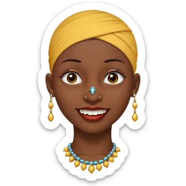 Make a emoji of a person with dark skin and has a nose ring and has a bunch of small earrings and a big earring and who has a gap between her two front teeth and with no hair sticker