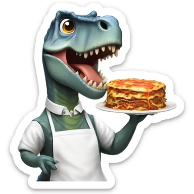 Dinosaur wearing apron holding lasagna with jaw dropped sticker