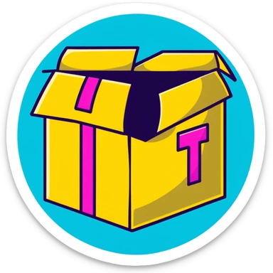 Minimalist sticker with white 'tt' letters on a black circle with cyan, magenta, and yellow dots below, shipping box with street style influence sticker