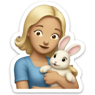 A fair complexioned lady holding beige bunny and hugging him with her eyes closed   sticker