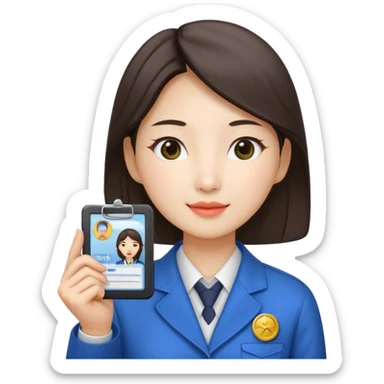 A Korean female tour guide holds her license. sticker