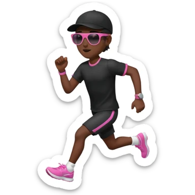 Un uomo che corre vestito completamente di nero, con un cappellino nero, occhiali da sole da bambino rosa sticker